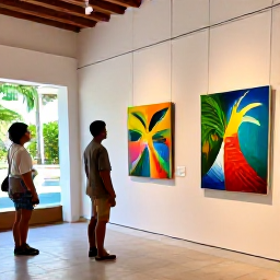 Caribbean Holidays, Caribbean Art Galleries, Visitors viewing vibrant Caribbean paintings in a relaxed contemporary gallery filled with natural light