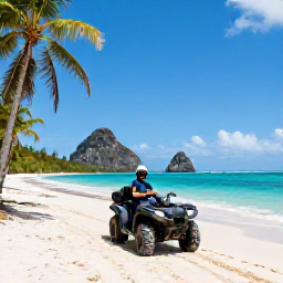 Caribbean Holidays, Caribbean ATV Tours, A guided ATV tour travelling along a sunlit Caribbean beach with palm trees, turquoise sea and rugged island scenery