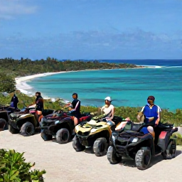 Caribbean Holidays, Caribbean ATV Tours, ATV group resting at a scenic Caribbean viewpoint overlooking turquoise water and a tropical coastline
