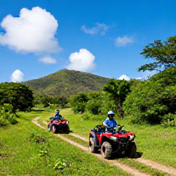 Caribbean Holidays, Caribbean ATV Tours, ATV riders crossing a green tropical trail through Caribbean countryside with hills and bright blue sky
