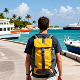 Caribbean Holidays, Caribbean Backpacking, Backpacker with a lightweight rucksack arriving at a colourful Caribbean harbour, palm trees and turquoise sea in the background