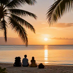 Caribbean Holidays, Caribbean Backpacking, Backpackers watching a golden Caribbean sunset from a quiet beach, rucksacks nearby, palm silhouettes and calm sea