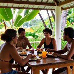Caribbean Holidays, Caribbean Backpacking, Relaxed backpackers sharing a meal at a friendly Caribbean guesthouse, open-air terrace, local food and tropical greenery