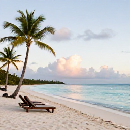 Caribbean Holidays, Caribbean Beach Holidays, A calm Caribbean beach at sunrise with white sand, turquoise water, palm trees and a couple of sun loungers