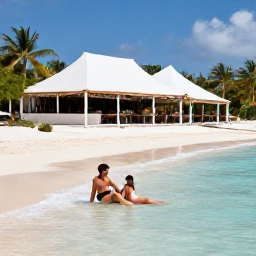 Caribbean Holidays, Caribbean Beach Holidays, A couple relaxing on a quiet Caribbean beach beside clear blue water, with a stylish beachfront restaurant in the background