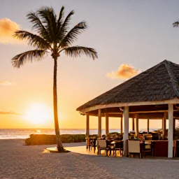 Caribbean Holidays, Caribbean Beach Holidays, A welcoming Caribbean beachfront hotel at sunset with palm trees, outdoor dining and warm golden light