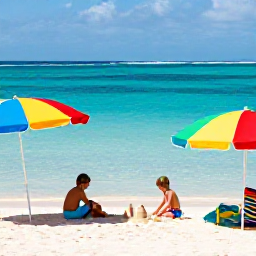 Caribbean Holidays, Caribbean Beach Holidays, Families enjoying a safe Caribbean beach with shallow clear water, colourful beach umbrellas and children building sandcastles