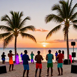 Caribbean Holidays, Caribbean Beach Parties, Colourful Caribbean beach party at sunset, palm trees, lively music, friends dancing beside the sea