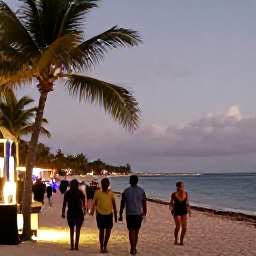 Caribbean Holidays, Caribbean Beach Parties, Holidaymakers walking along a Caribbean beach at twilight after a party, calm sea and softly lit palm trees