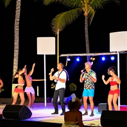 Caribbean Holidays, Caribbean Beach Parties, Live Caribbean band performing on a beach stage at night, dancers and holidaymakers enjoying music under palm trees