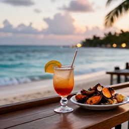 Caribbean Holidays, Caribbean Beach Parties, Local Caribbean beach bar serving rum cocktails and grilled seafood at dusk, relaxed holiday atmosphere by the sea