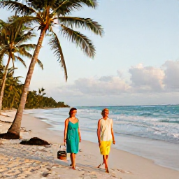 Caribbean Holidays, Caribbean Beachcombing, A peaceful Caribbean beachcombing walk in late afternoon light with palms, gentle waves and a small basket