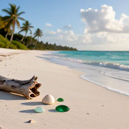 Caribbean Holidays, Caribbean Beachcombing, A quiet Caribbean beach at sunrise with shells, driftwood and smooth sea glass on pale sand, turquoise water and palm trees