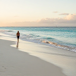 Caribbean Holidays, Caribbean Beachcombing, A quiet Caribbean beach at sunrise with smooth sand, gentle turquoise waves and a holidaymaker walking along the shoreline