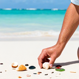 Caribbean Holidays, Caribbean Beachcombing, A traveller gently examining shells and sea glass on a sandy Caribbean beach with turquoise water beyond