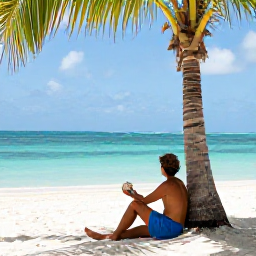 Caribbean Holidays, Caribbean Beachcombing, A traveller sitting beneath a palm tree on a peaceful Caribbean beach, looking across calm turquoise water with a shell in hand