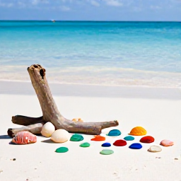 Caribbean Holidays, Caribbean Beachcombing, Colourful Caribbean shells, sea glass and driftwood arranged naturally on pale sand beside clear blue water