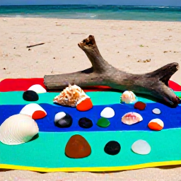 Caribbean Holidays, Caribbean Beachcombing, Colourful Caribbean shells, sea glass, driftwood and smooth pebbles arranged naturally on a beach towel beside the sea