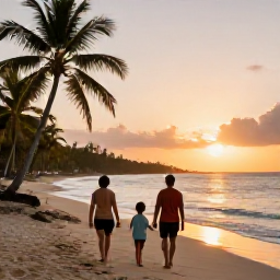 Caribbean Holidays, Caribbean Beachcombing, Family beachcombing on a Caribbean island, with parents and children walking barefoot at sunset along a palm-fringed shore