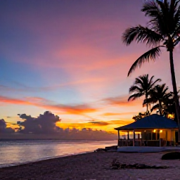 Caribbean Holidays, Caribbean Beaches, Caribbean beach at sunset with a colourful sky, calm sea, silhouettes of palm trees and a small beachfront restaurant