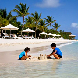 Caribbean Holidays, Caribbean Beaches, Family-friendly Caribbean beach with shallow calm water, children building a sandcastle and shaded sun loungers near palm trees