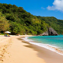 Caribbean Holidays, Caribbean Beaches, Secluded Caribbean cove with golden sand, lush green hills and a couple relaxing beneath a beach umbrella