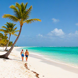 Caribbean Holidays, Caribbean Beaches, Wide white-sand Caribbean beach with clear turquoise water, gently leaning palm trees and a relaxed couple walking beside the sea