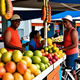 Caribbean Holidays, Caribbean Bike Tours, Bicycle tour stopping at a Caribbean market with fresh tropical fruit, local crafts and smiling residents