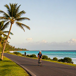 Caribbean Holidays, Caribbean Bike Tours, Cyclist riding along a quiet Caribbean coastal road with turquoise sea, palm trees and warm morning light