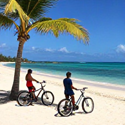 Caribbean Holidays, Caribbean Bike Tours, Cyclists relaxing beside a quiet Caribbean beach after a tour, with bicycles, palm trees and sparkling sea