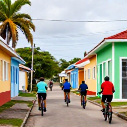 Caribbean Holidays, Caribbean Bike Tours, Friendly local cycling guide leading a small group of holidaymakers through a colourful Caribbean village