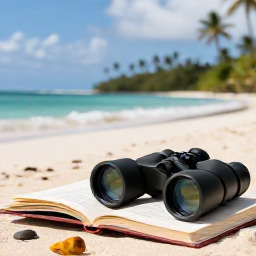 Caribbean Holidays, Caribbean Birdwatching, A relaxed Caribbean birdwatching holiday scene with binoculars, field guide and tropical island coastline in the background