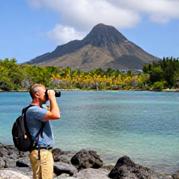 Caribbean Holidays, Caribbean Birdwatching, Birdwatcher using binoculars beside a quiet lagoon on Sint Eustatius, surrounded by tropical vegetation and volcanic hills