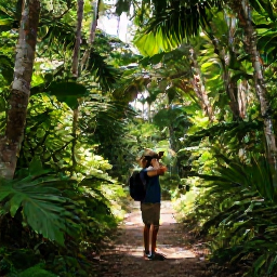 Caribbean Holidays, Caribbean Birdwatching, Birdwatcher using binoculars on a peaceful Caribbean rainforest trail, lush vegetation and filtered morning sunlight