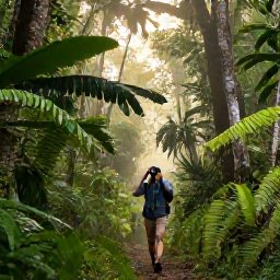 Caribbean Holidays, Caribbean Birdwatching, Birdwatcher with binoculars walking through lush Caribbean rainforest at sunrise