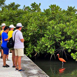 Caribbean Holidays, Caribbean Birdwatching, Birdwatchers observing a scarlet ibis and other wetland birds beside a Caribbean mangrove lagoon
