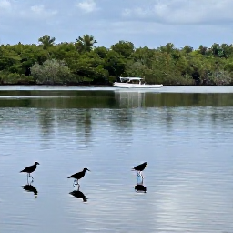 Caribbean Holidays, Caribbean Birdwatching, Caribbean wetland and mangrove lagoon with wading birds, reflections on calm water and a small guided boat