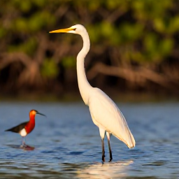 Caribbean Holidays, Caribbean Birdwatching, Elegant white heron and colourful wading birds beside a calm Caribbean mangrove lagoon at sunrise