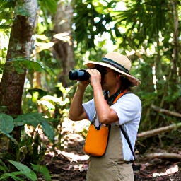 Caribbean Holidays, Caribbean Birdwatching, Expert local birdwatching guide leading travellers along a shaded Caribbean forest trail with binoculars