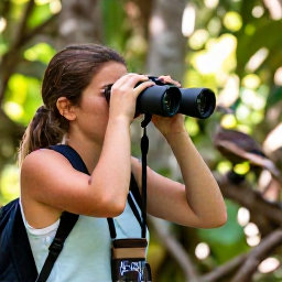 Caribbean Holidays, Caribbean Birdwatching, Happy birdwatchers sharing binoculars and observing a rare Caribbean bird in a sunlit woodland