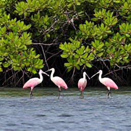 Caribbean Holidays, Caribbean Birdwatching, Roseate spoonbills and herons beside mangrove wetlands and calm Caribbean water