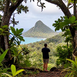 Caribbean Holidays, Caribbean Birdwatching, Saba island viewed from a forest trail, with a birdwatcher looking towards lush mountain vegetation and the Caribbean Sea