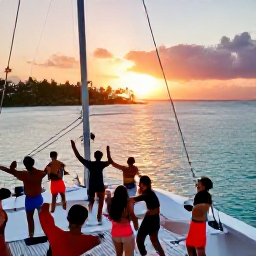 Caribbean Holidays, Caribbean Boat Parties, A lively Caribbean catamaran party at sunset, with guests dancing on deck, turquoise sea and palm-fringed island coastline