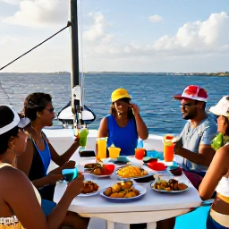 Caribbean Holidays, Caribbean Boat Parties, Friendly Caribbean boat party crew serving tropical drinks and local food on a decorated catamaran, with guests enjoying the afternoon