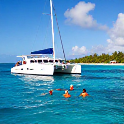 Caribbean Holidays, Caribbean Boat Parties, Guests swimming and snorkelling from a Caribbean catamaran in clear blue water, with colourful reef fish and a sunny tropical shore nearby