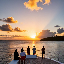 Caribbean Holidays, Caribbean Boat Parties, Romantic Caribbean sunset boat party with glowing sky, calm sea, couples and friends on deck, and an island silhouette in the distance