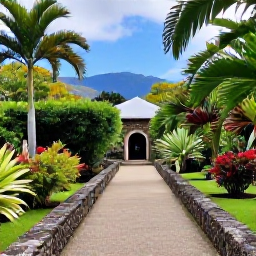 Caribbean Holidays, Caribbean Botanical Gardens, A historic Caribbean garden estate surrounded by tropical greenery, with a quiet path, stone walls and distant blue hills
