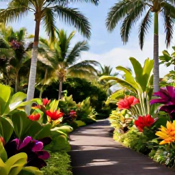 Caribbean Holidays, Caribbean Botanical Gardens, A lush Caribbean botanical garden with palm trees, tropical flowers and winding paths beneath bright sunshine