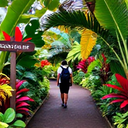 Caribbean Holidays, Caribbean Botanical Gardens, A visitor walking along a shaded path through tropical vegetation in a Caribbean botanical garden, with flowering plants and wooden signs