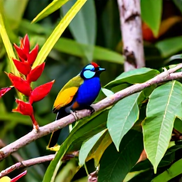 Caribbean Holidays, Caribbean Botanical Gardens, Colourful Caribbean birds resting among tropical flowers and dense green foliage in a botanical garden